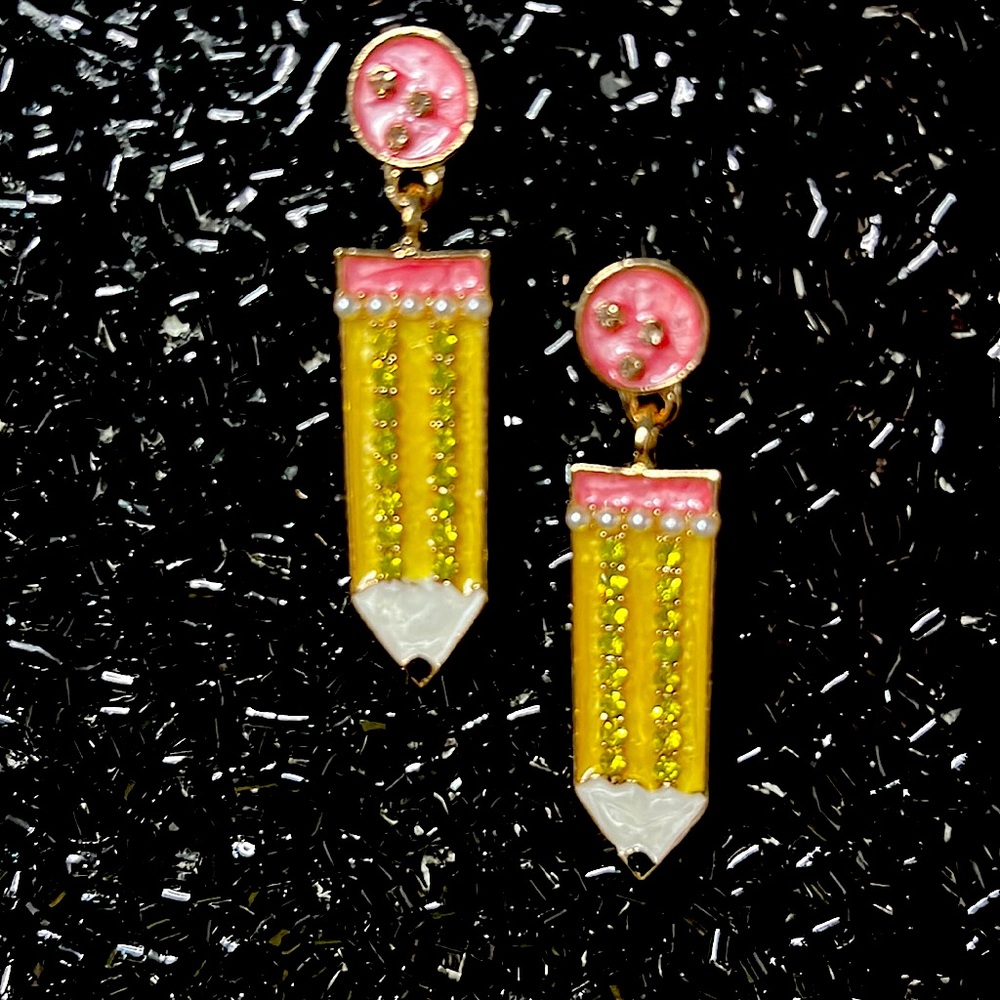 Pencil Dangle Earrings with Rhinestone Accents